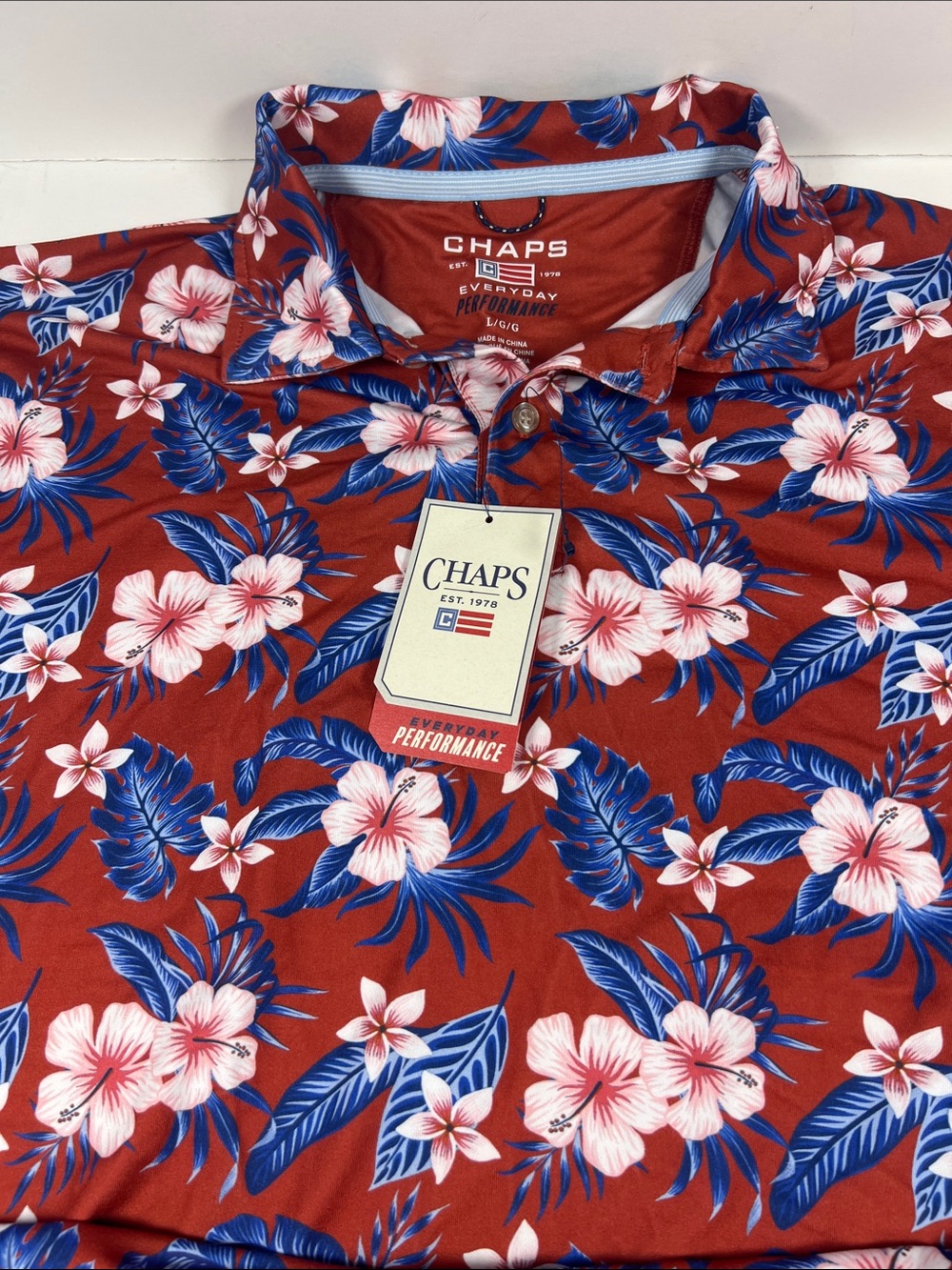 Chaps Red Floral Performance Polo with Blue and Pink Accents